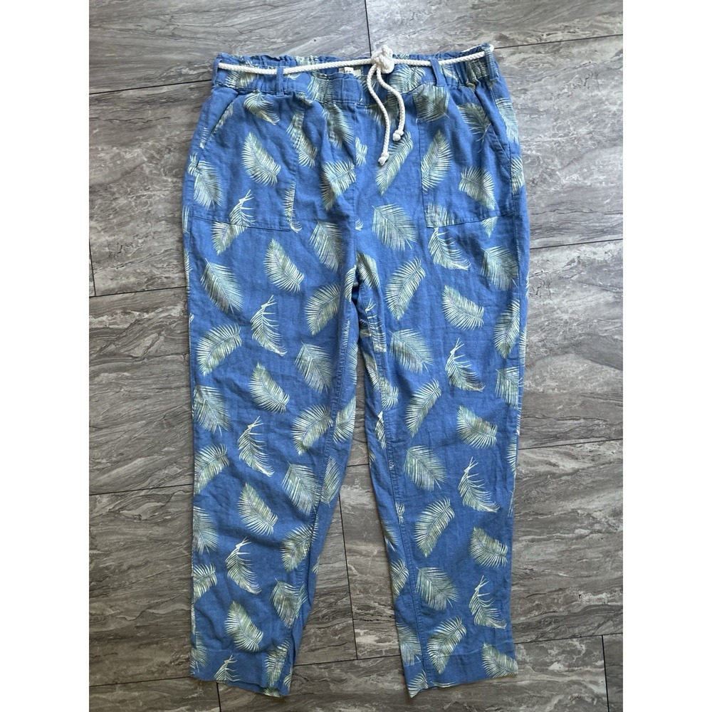 Per‎ Se Large Linen Blend Crop Pants Drawstring Blue Tropical Print Pocket 
0141